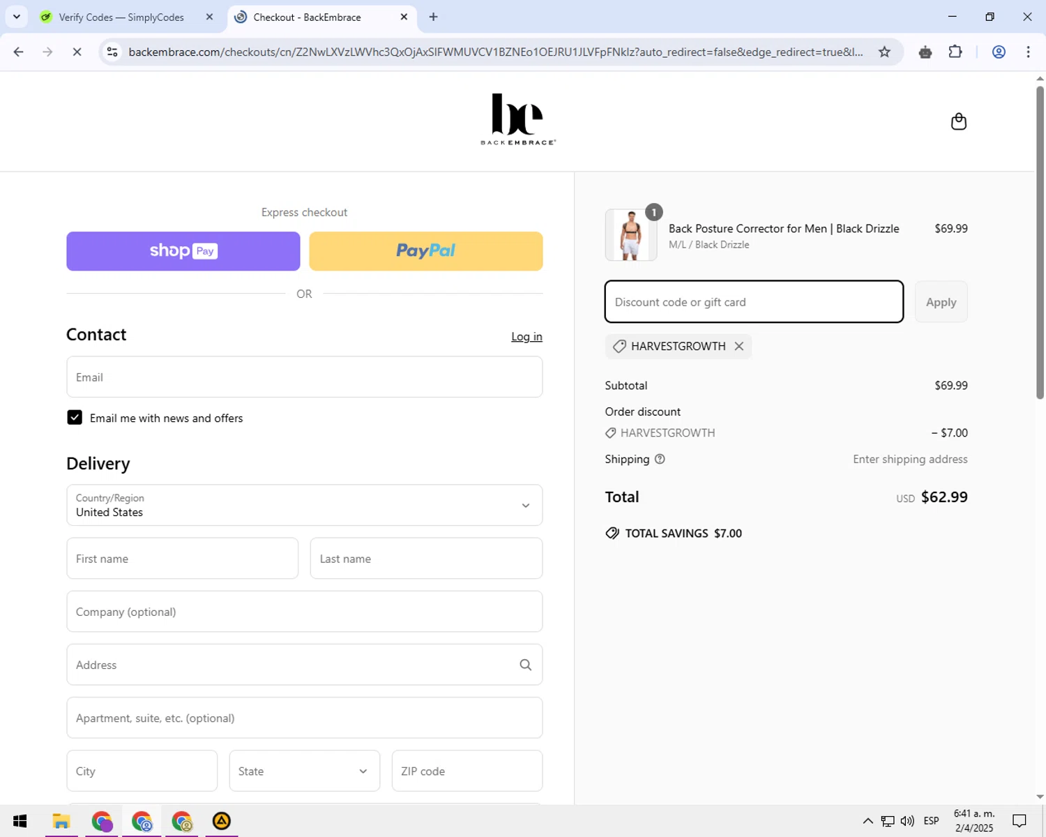 Back Embrace promo code screenshot showing code HARVESTGROWTH applied at Back Embrace checkout page. Uploaded by SimplyCodes community member balance888 on Apr 2, 2025