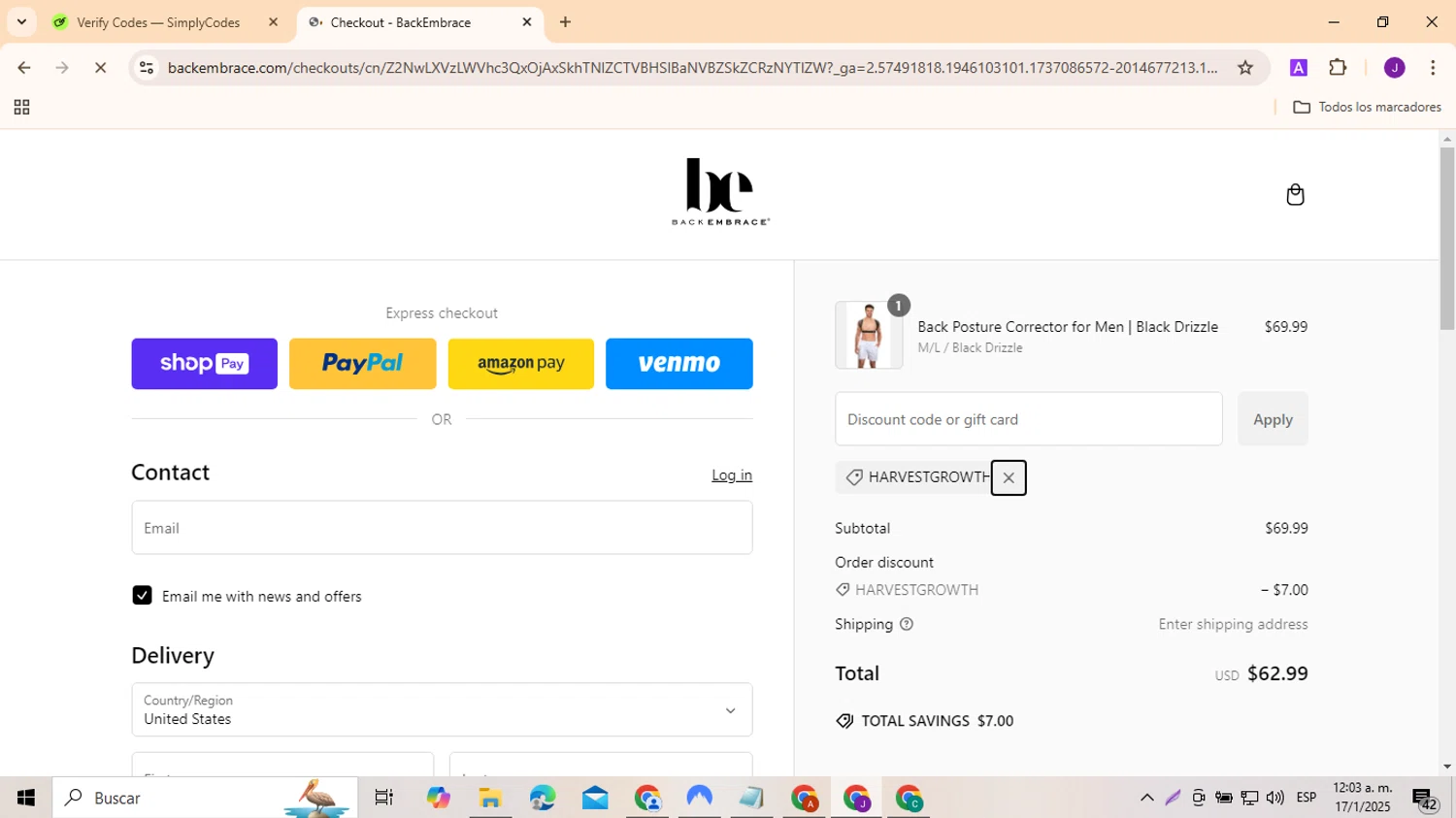Back Embrace promo code screenshot showing code HARVESTGROWTH applied at Back Embrace checkout page. Uploaded by SimplyCodes community member SmartMonarch9718 on Jan 17, 2025