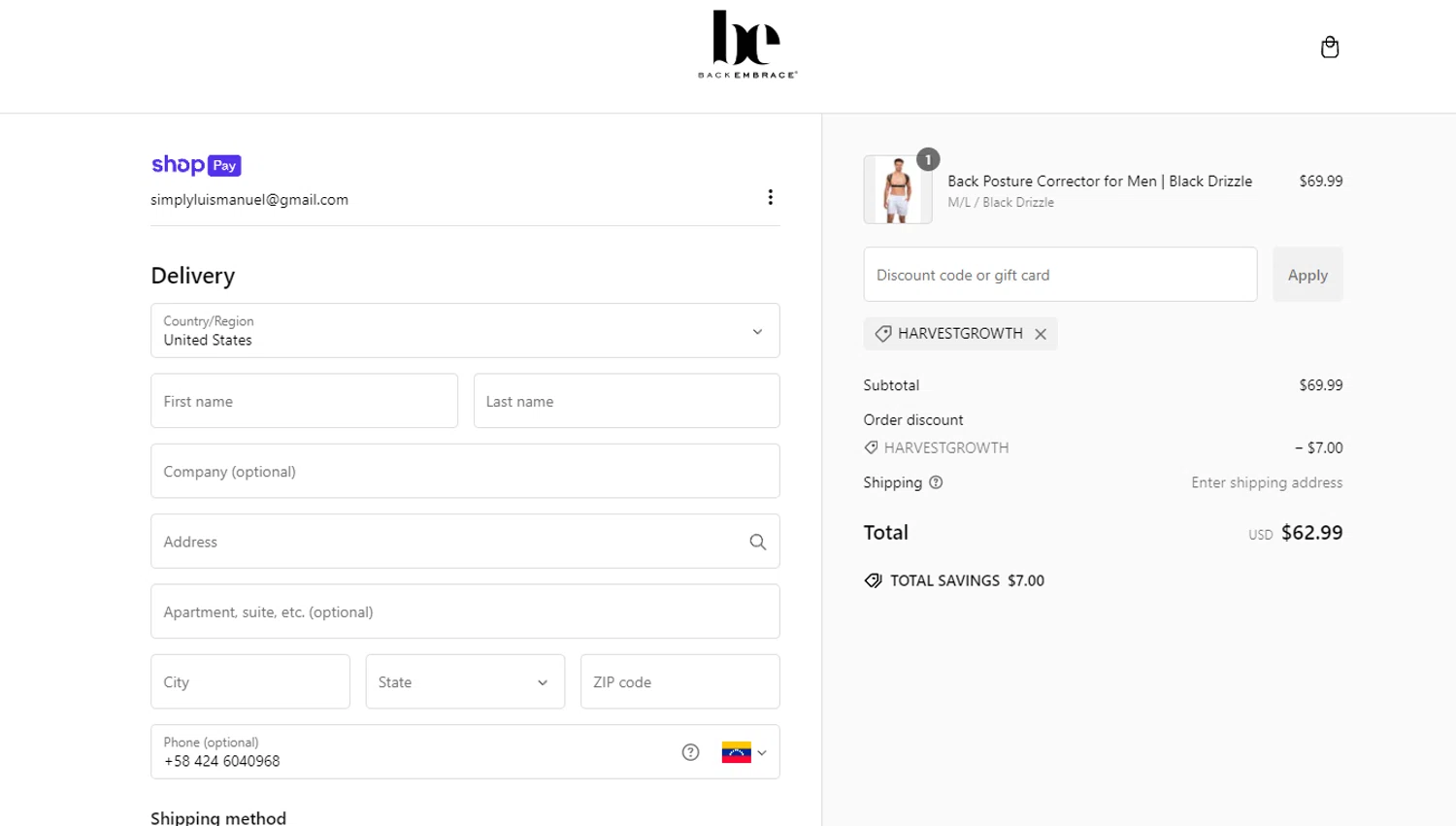 Back Embrace promo code screenshot showing code HARVESTGROWTH applied at Back Embrace checkout page. Uploaded by SimplyCodes community member CouponHero3179 on Jan 17, 2025