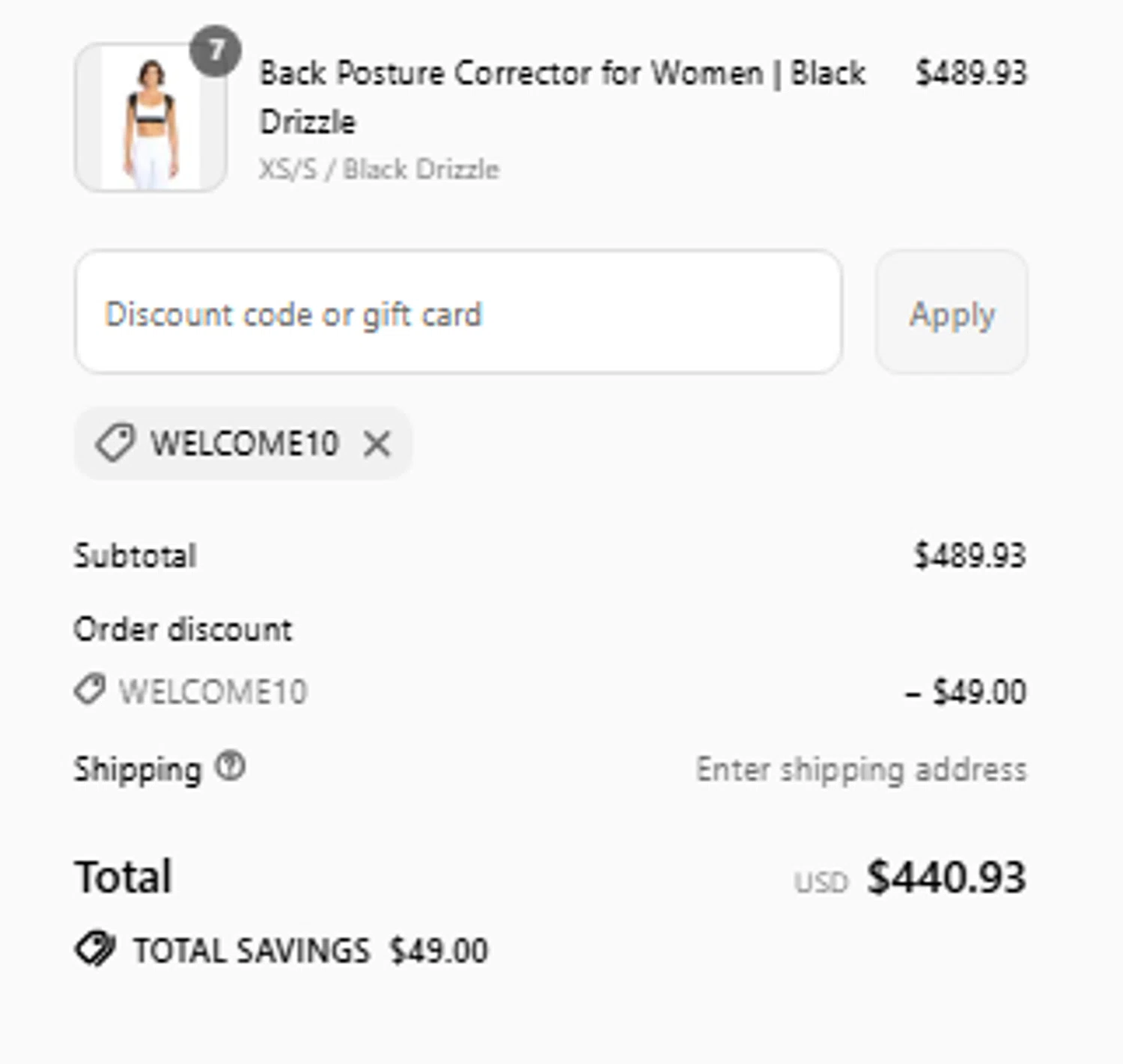 Back Embrace promo code screenshot showing code WELCOME10 applied at Back Embrace checkout page. Uploaded by SimplyCodes community member Josemedina on Jul 2, 2025