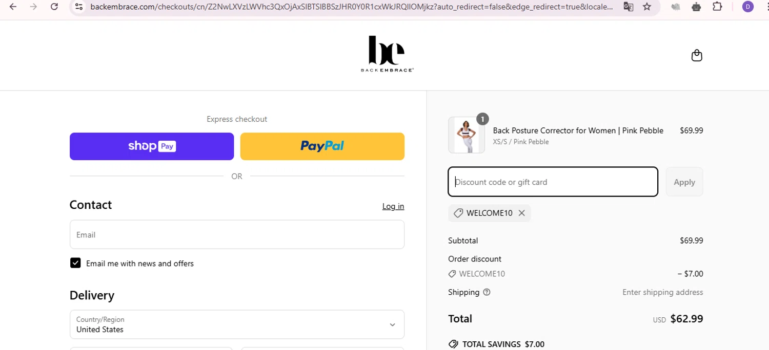 Back Embrace promo code screenshot showing code WELCOME10 applied at Back Embrace checkout page. Uploaded by SimplyCodes community member ShieldCurator2100 on Mar 20, 2025