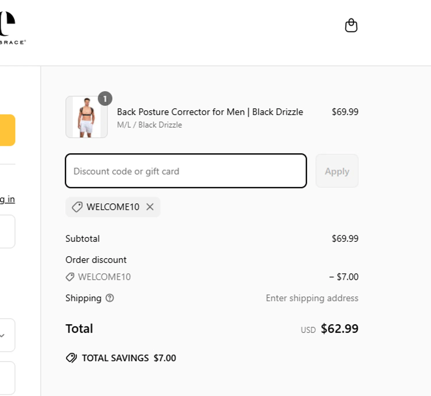 Back Embrace promo code screenshot showing code WELCOME10 applied at Back Embrace checkout page. Uploaded by SimplyCodes community member SilverMonarch6357 on Mar 20, 2025
