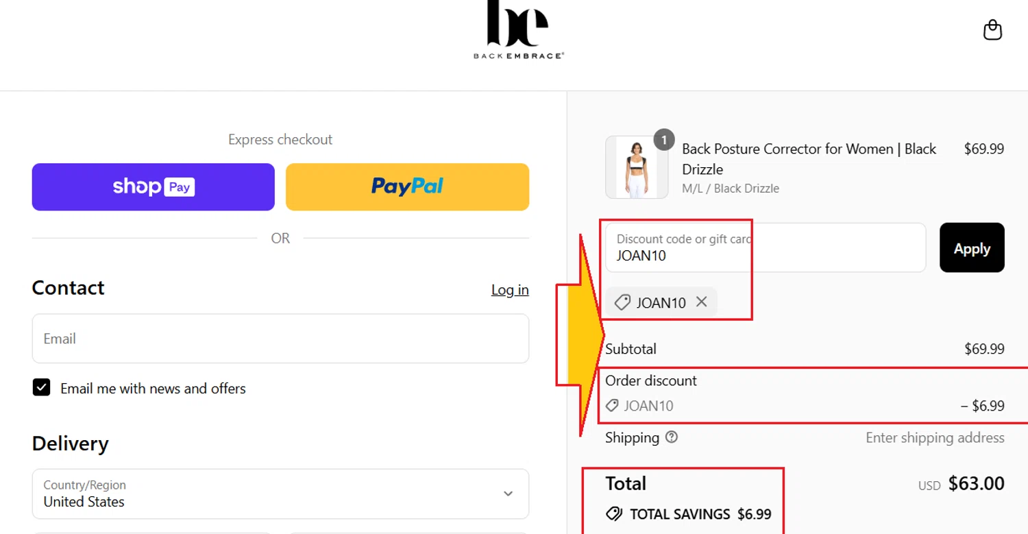 Back Embrace promo code screenshot showing code JOAN10 applied at Back Embrace checkout page. Uploaded by SimplyCodes community member kattylar on Aug 8, 2025
