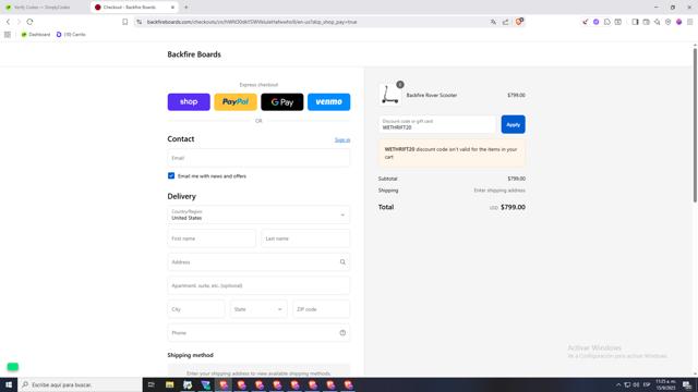 Backfire Boards checkout page showing Backfire Boards discount code box | Screenshot taken by SimplyCodes community member on Sep 15, 2025