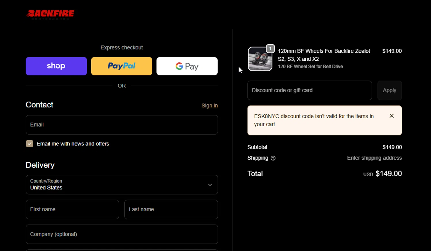 Backfire Boards USA promo code screenshot showing code ESK8NYC applied at Backfire Boards USA checkout page. Uploaded by SimplyCodes community member BudgetGuardian5712 on Jan 31, 2026
