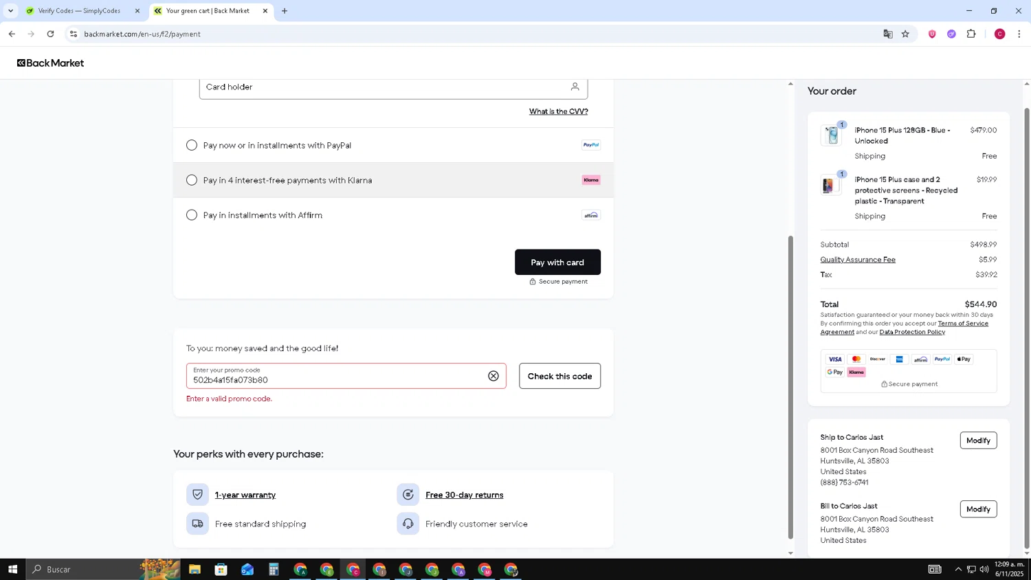 Back Market promo code screenshot showing code 502b4a15fa073b80 applied at Back Market checkout page. Uploaded by SimplyCodes community member TOROREX250 on Nov 6, 2025