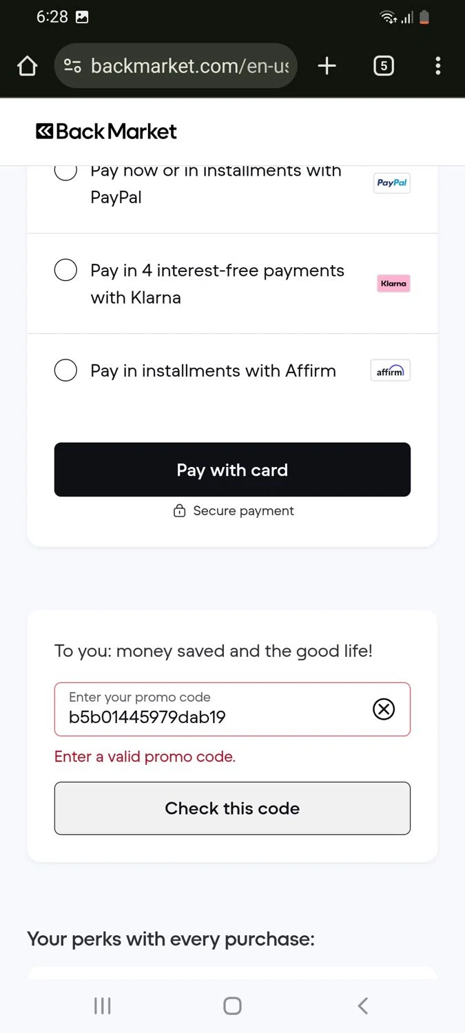 Back Market promo code screenshot showing code b5b01445979dab19 applied at Back Market checkout page. Uploaded by SimplyCodes community member tulioriera on Jan 19, 2026