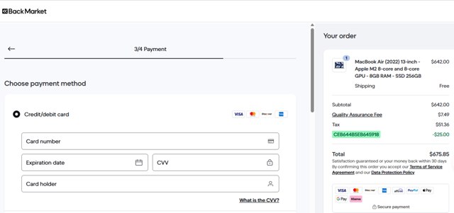 Back Market checkout page showing Back Market promo code box | Screenshot taken by SimplyCodes community member on Aug 28, 2025