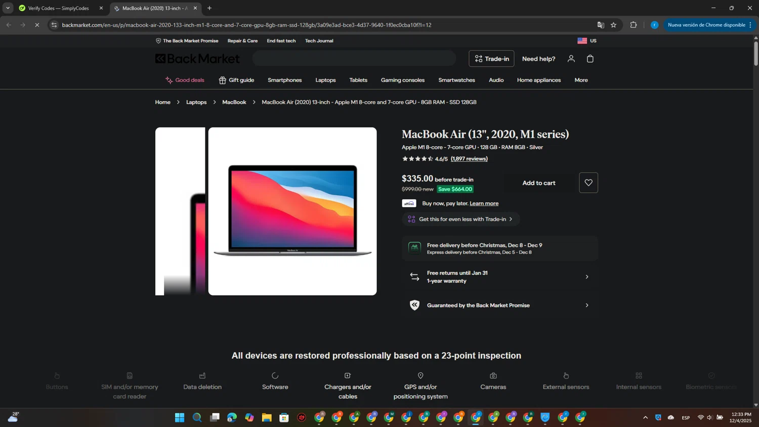 Back Market checkout page showing Back Market promo code box | Screenshot taken by SimplyCodes community member on Dec 4, 2025