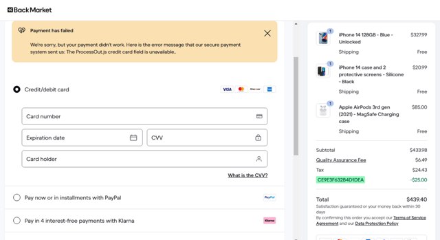 Back Market checkout page showing Back Market promo code box | Screenshot taken by SimplyCodes community member on Aug 31, 2025