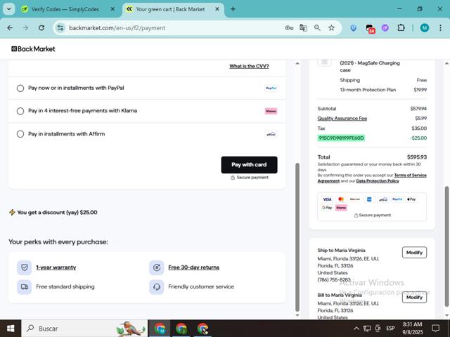 Back Market checkout page showing Back Market promo code box | Screenshot taken by SimplyCodes community member on Sep 8, 2025