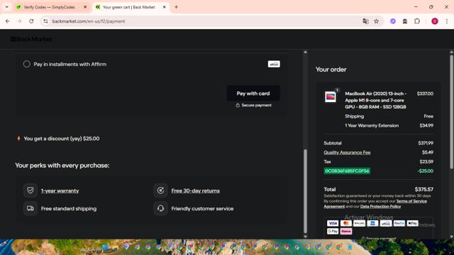 Back Market checkout page showing Back Market promo code box | Screenshot taken by SimplyCodes community member on Sep 24, 2025