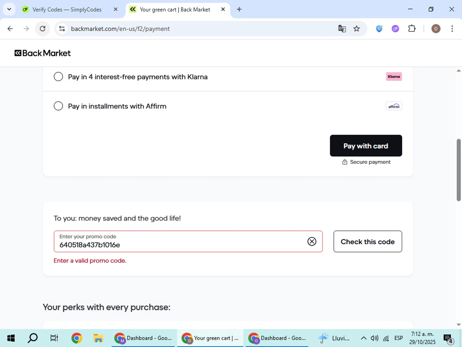 Back Market promo code screenshot showing code 640518a437b1016e applied at Back Market checkout page. Uploaded by SimplyCodes community member BrilliantWizard8884 on Oct 29, 2025