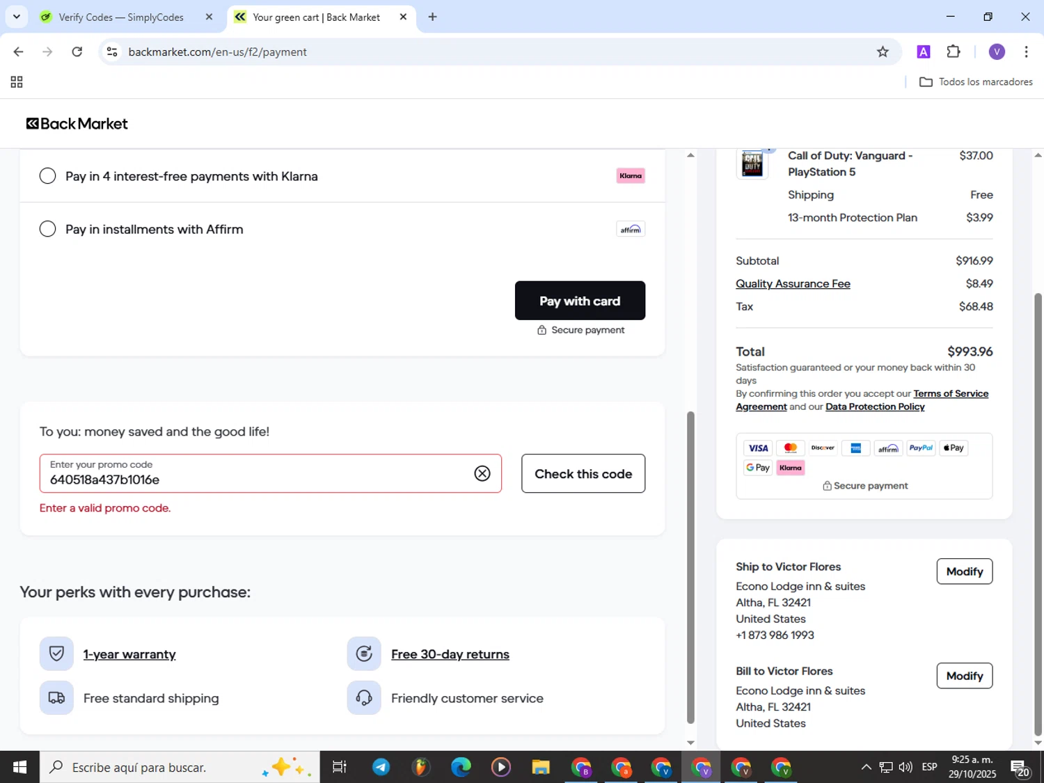 Back Market promo code screenshot showing code 640518a437b1016e applied at Back Market checkout page. Uploaded by SimplyCodes community member Satoru_gojo on Oct 29, 2025