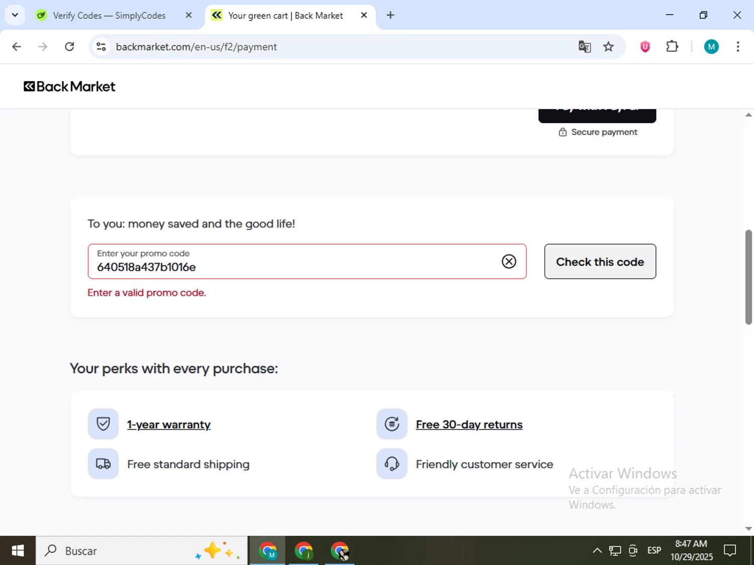 Back Market promo code screenshot showing code 640518a437b1016e applied at Back Market checkout page. Uploaded by SimplyCodes community member estrellaveloz on Oct 29, 2025