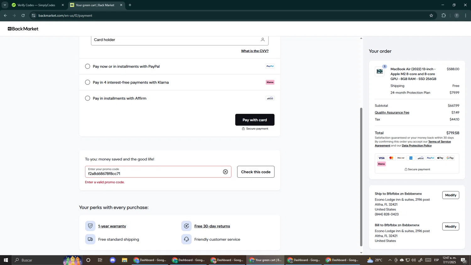 Back Market promo code screenshot showing code f2a8d68678f8cc71 applied at Back Market checkout page. Uploaded by SimplyCodes community member Makemusic on Nov 7, 2025