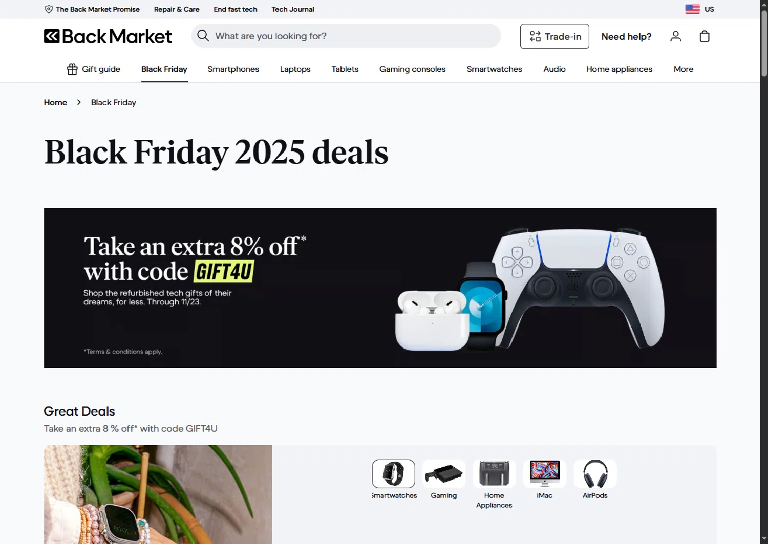 Back Market promo code screenshot showing code gift4u applied at Back Market checkout page. Uploaded by SimplyCodes community member GoldPhoenix3793 on Nov 21, 2025