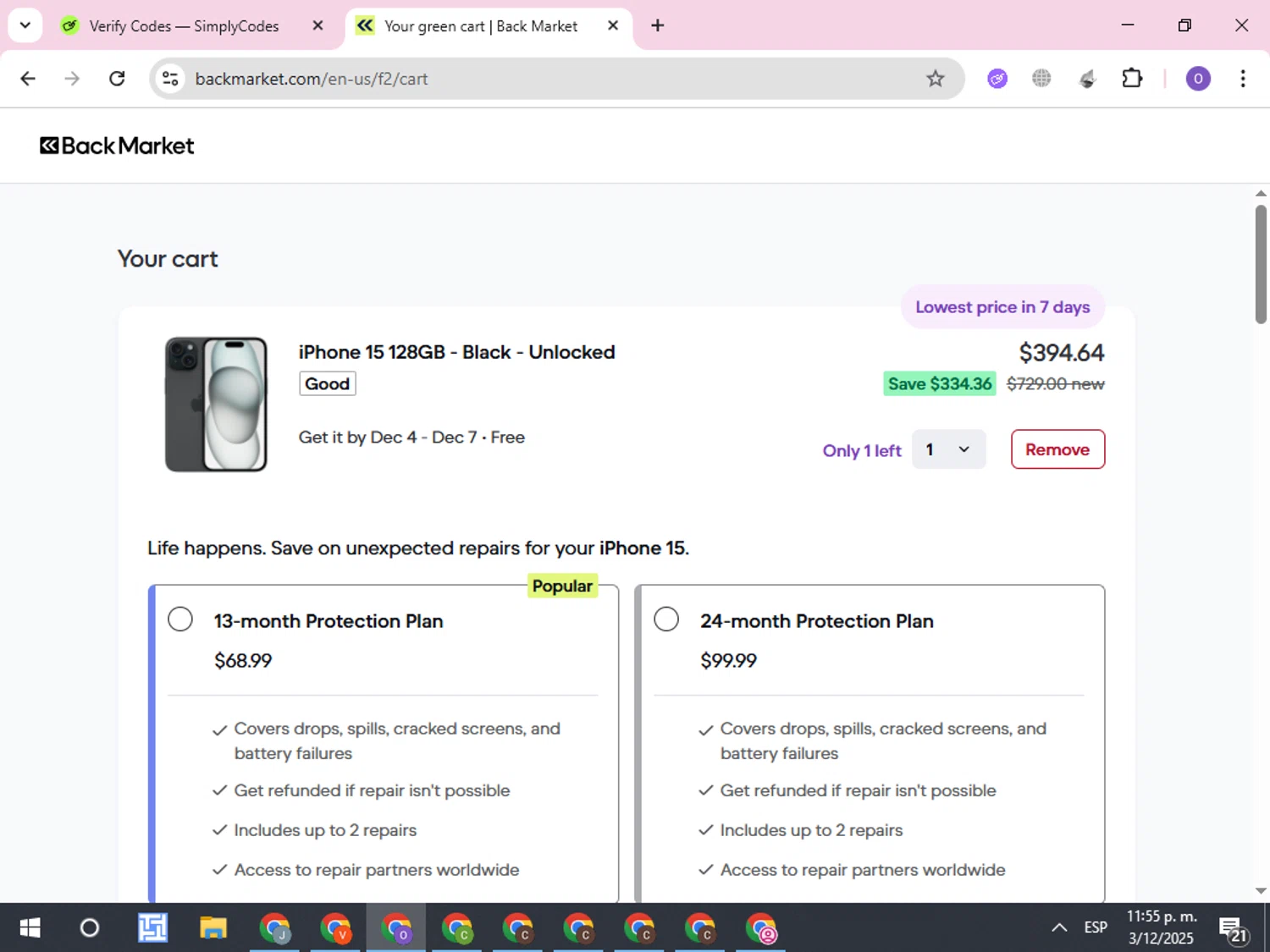 Back Market checkout page showing Back Market promo code box | Screenshot taken by SimplyCodes community member on Dec 4, 2025