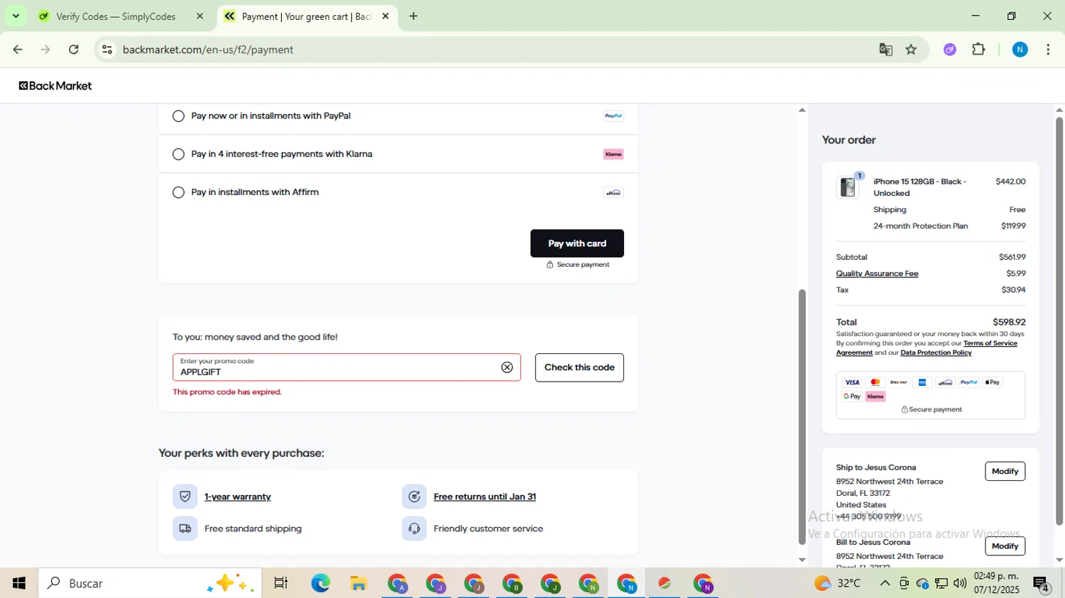 Back Market promo code screenshot showing code APPLGIFT applied at Back Market checkout page. Uploaded by SimplyCodes community member CoinHawk678 on Dec 7, 2025