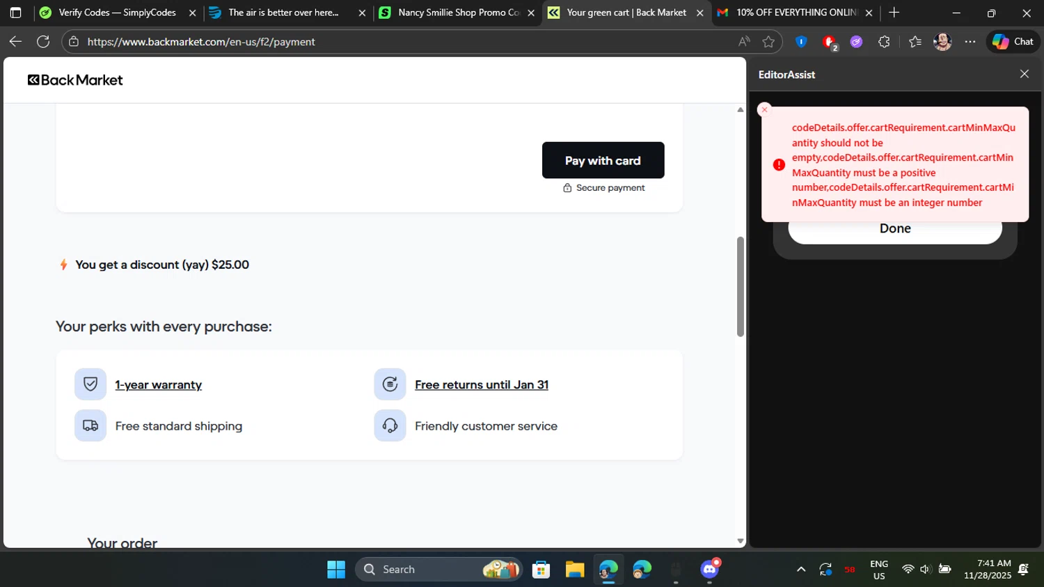 Back Market checkout page showing Back Market promo code box | Screenshot taken by SimplyCodes community member on Nov 28, 2025