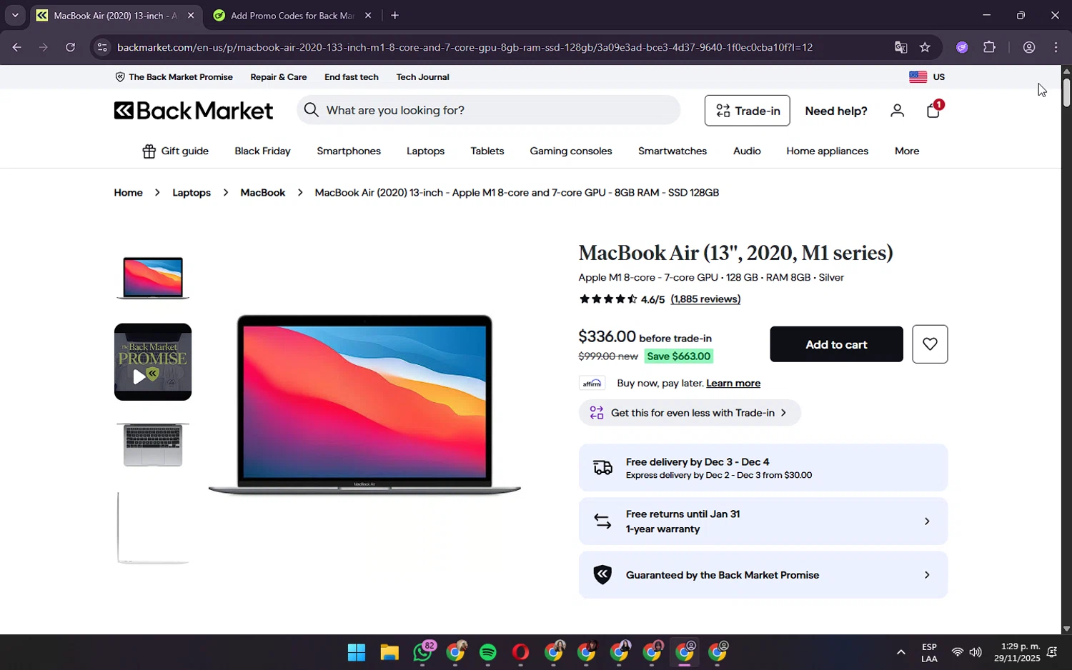 Back Market checkout page showing Back Market promo code box | Screenshot taken by SimplyCodes community member on Nov 29, 2025