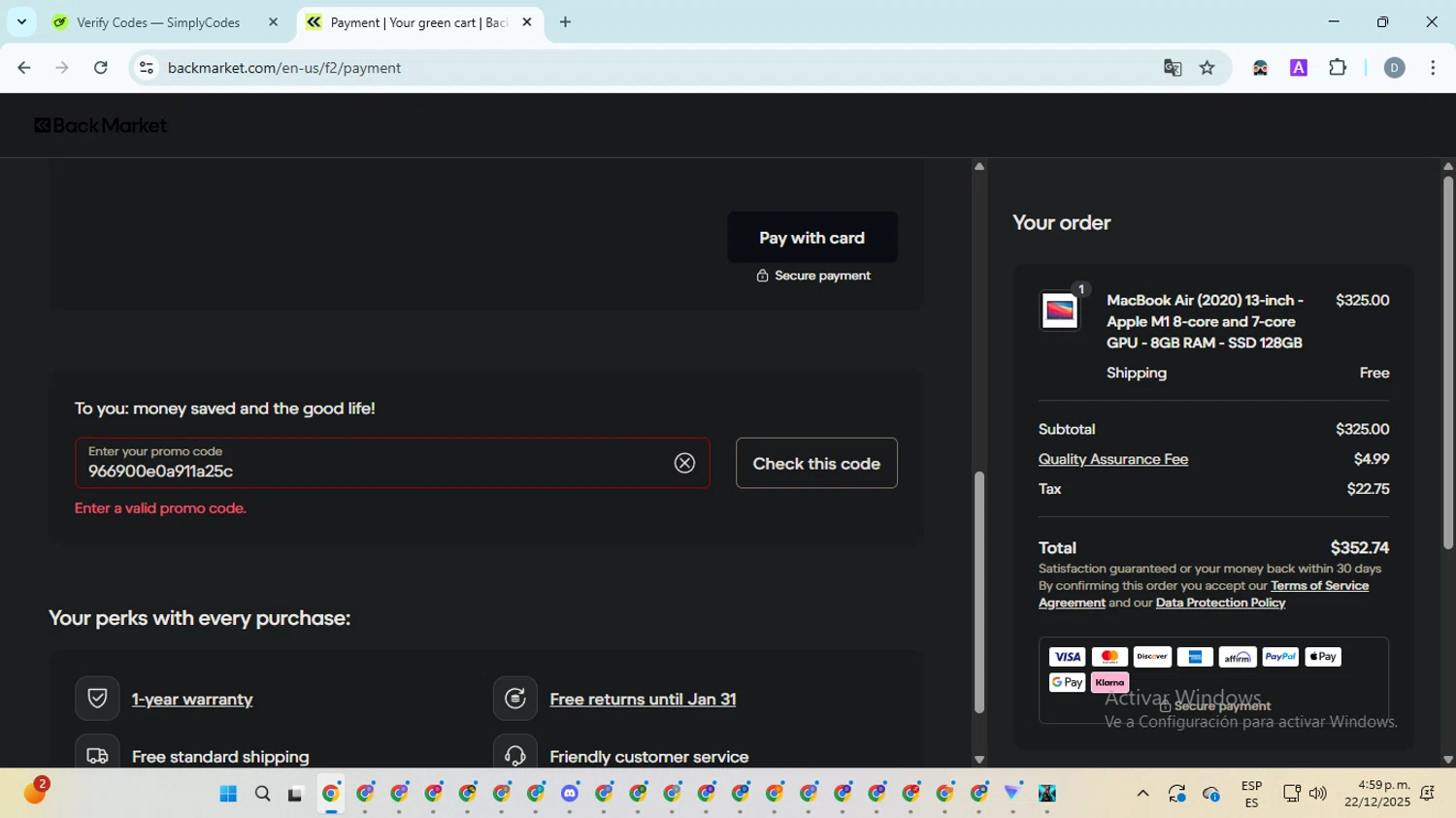 Back Market promo code screenshot showing code 966900e0a911a25c applied at Back Market checkout page. Uploaded by SimplyCodes community member ScanMaven5756 on Dec 22, 2025