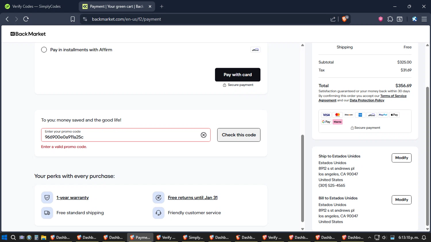 Back Market promo code screenshot showing code 966900e0a911a25c applied at Back Market checkout page. Uploaded by SimplyCodes community member ZoilaPerrita on Dec 22, 2025