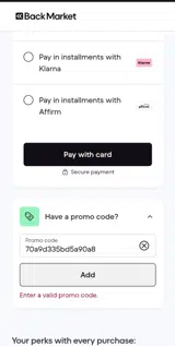 Back Market coupon verification screenshot