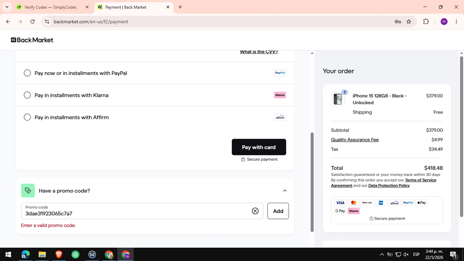 Verification screenshot for $10 Off Storewide at Back Market - 33d ago