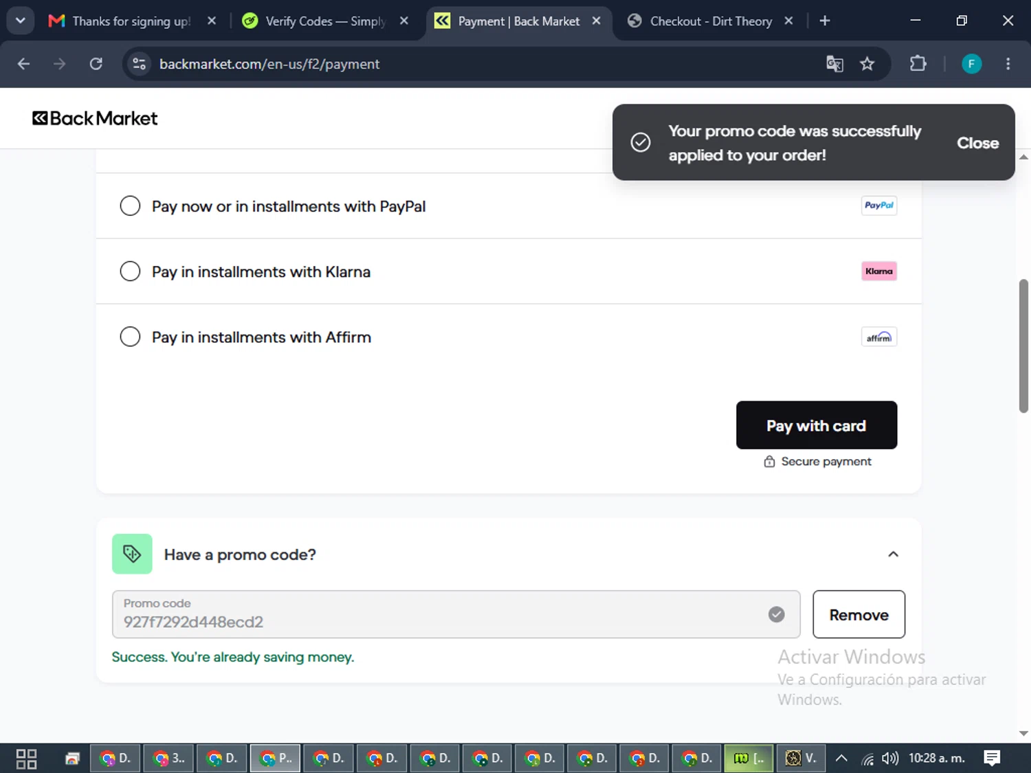 Verification screenshot for $10 Off Storewide at Back Market - 2d ago