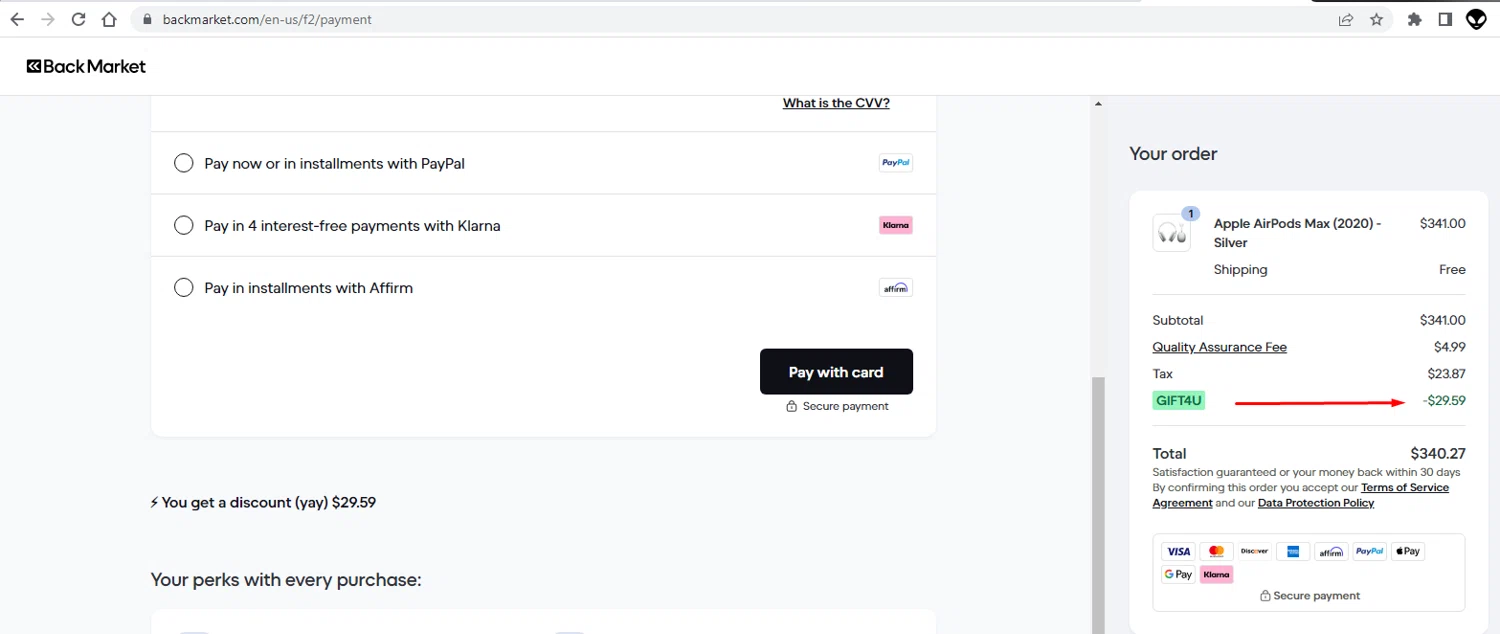 Back Market promo code screenshot showing code GIFT4U applied at Back Market checkout page. Uploaded by SimplyCodes community member EMILIANOMASABE on Nov 20, 2025