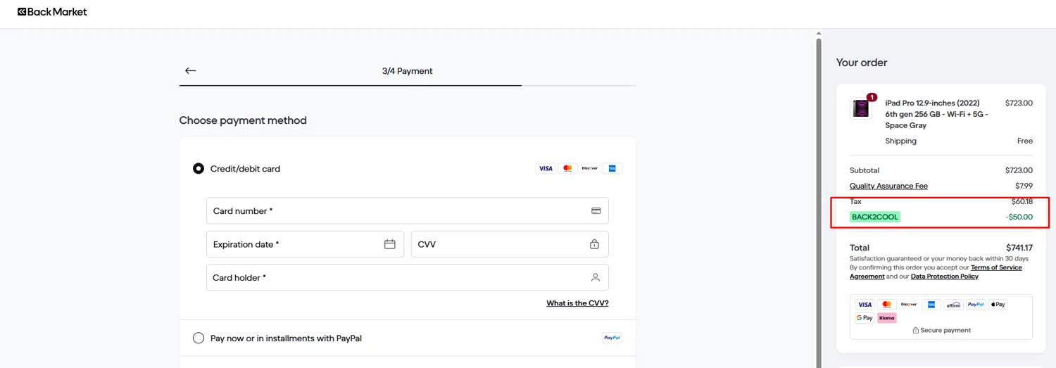Verification screenshot for $50 Off Select Items (Minimum Order: $600) at Back Market - 3d ago