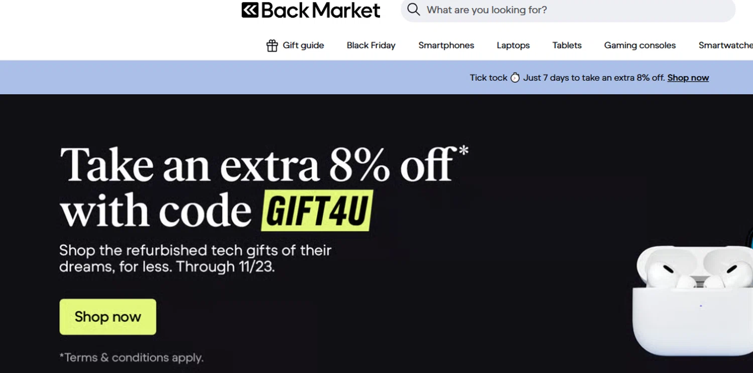 Back Market promo code screenshot showing code GIFT4U applied at Back Market checkout page. Uploaded by SimplyCodes community member valeriaantonieta on Nov 21, 2025