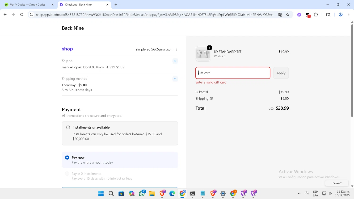 Back Nine coupon code screenshot showing code 2for25off applied at Back Nine checkout page. Uploaded by SimplyCodes community member NobleLegend6162 on Dec 10, 2025