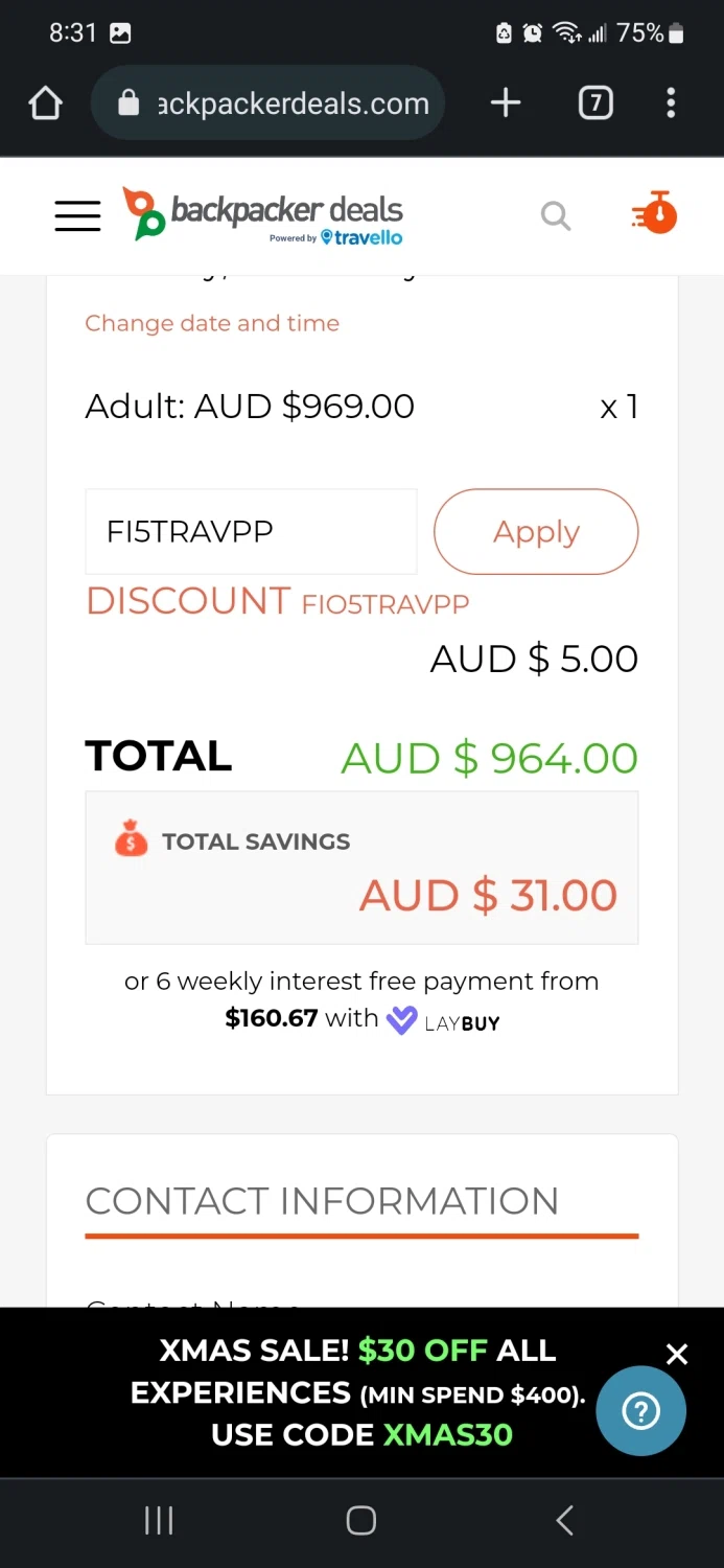 Backpacker Deals checkout page showing Backpacker Deals promo code box | Screenshot taken by SimplyCodes community member on Dec 24, 2022