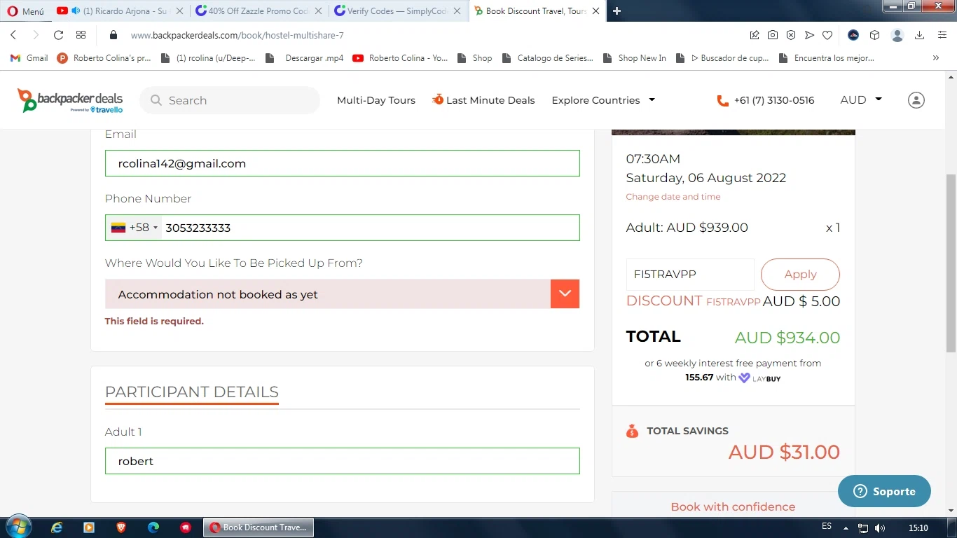 Backpacker Deals checkout page showing Backpacker Deals promo code box | Screenshot taken by SimplyCodes community member on Aug 1, 2022