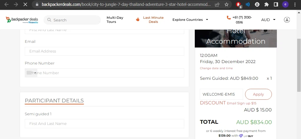 Backpacker Deals checkout page showing Backpacker Deals promo code box | Screenshot taken by SimplyCodes community member on Dec 13, 2022