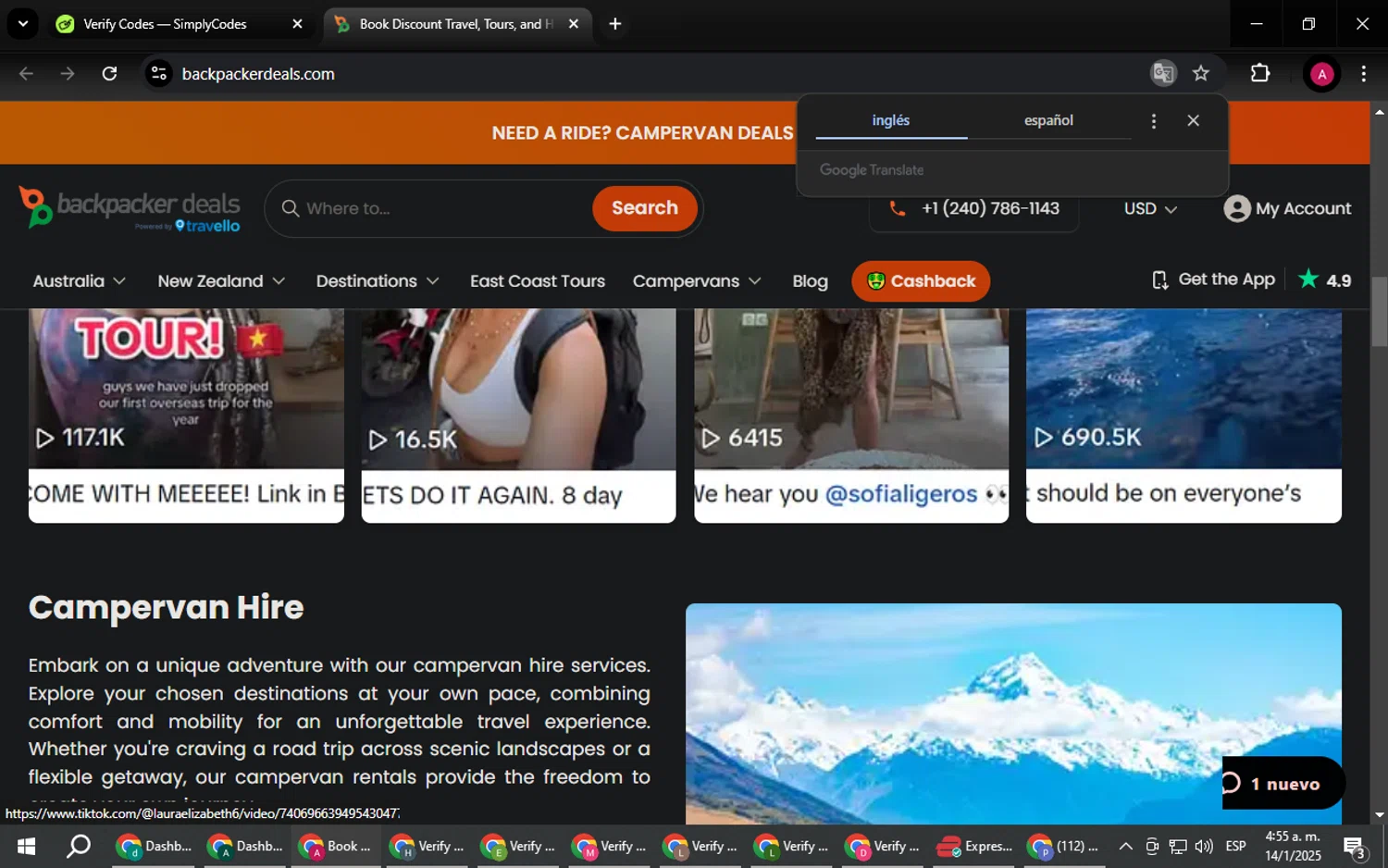 Backpacker Deals promo code screenshot showing code SIMPLYCODES8 applied at Backpacker Deals checkout page. Uploaded by SimplyCodes community member BMWGS1200 on Jan 14, 2025