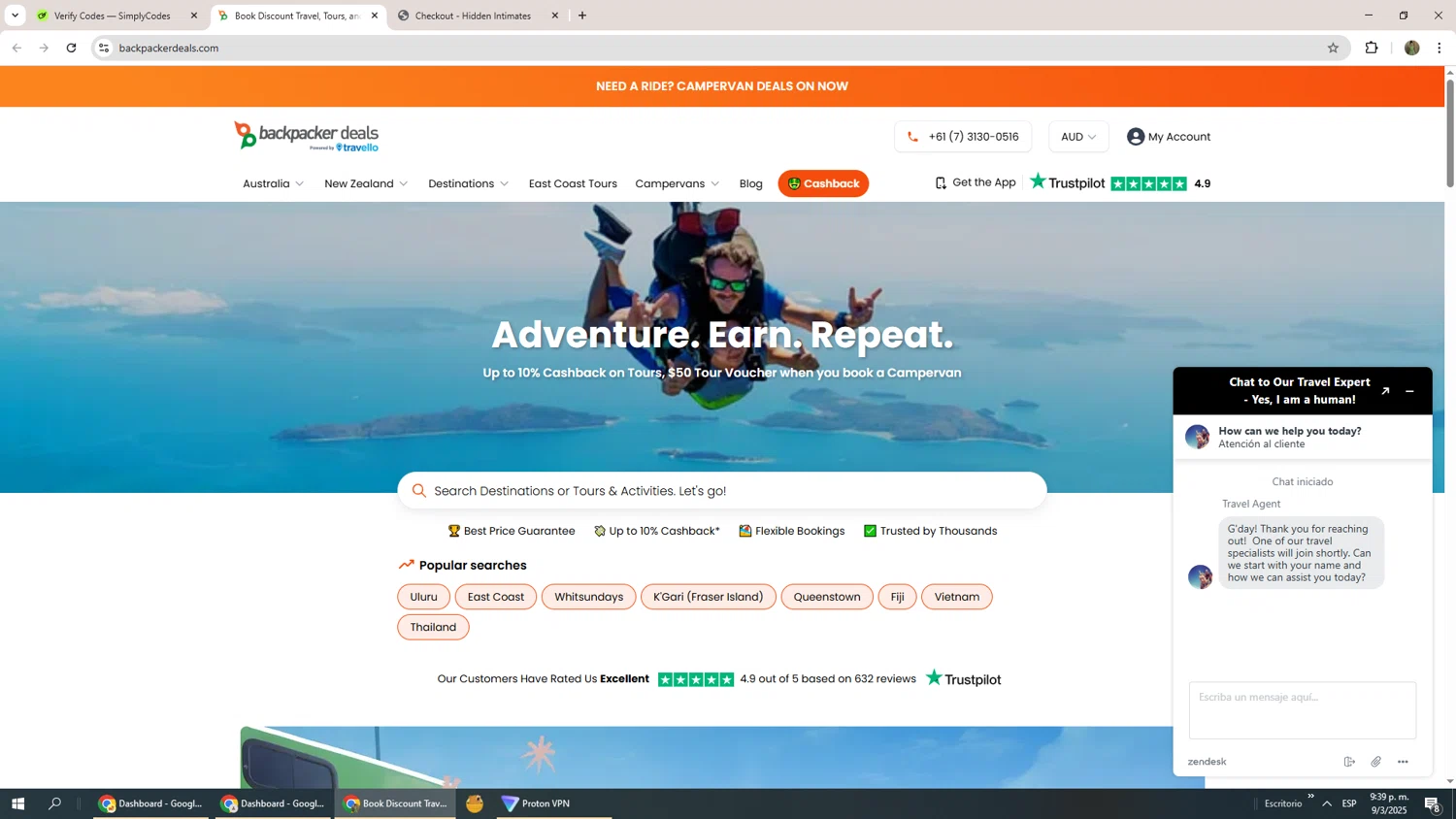 Backpacker Deals promo code screenshot showing code SIMPLYCODES8 applied at Backpacker Deals checkout page. Uploaded by SimplyCodes community member Phoenix585 on Mar 10, 2025