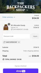 The Backpackers Shop coupon verification screenshot