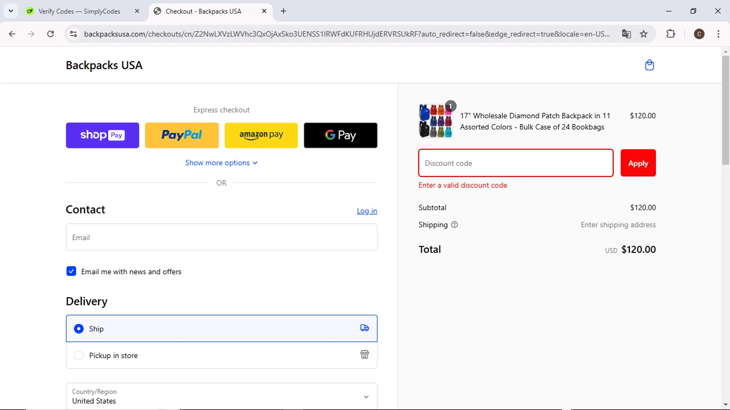 Backpacks USA discount code screenshot showing code BOOKBAG10 applied at Backpacks USA checkout page. Uploaded by SimplyCodes community member MoneyPilot9634 on Jan 22, 2025