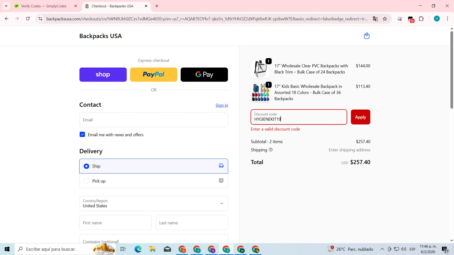 Backpacks USA discount code screenshot showing code HYGIENEKIT19 applied at Backpacks USA checkout page. Uploaded by SimplyCodes community member lyffytaro on Feb 7, 2026