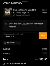 THANKS15 coupon verification screenshot