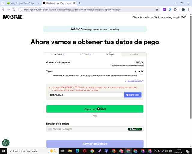 Back Stage checkout page showing Back Stage promo code box | Screenshot taken by SimplyCodes community member on Aug 7, 2025
