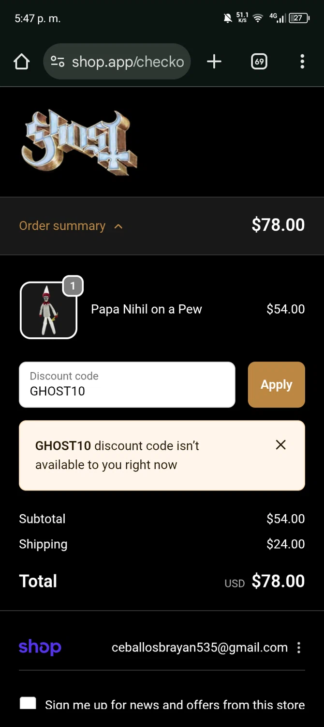 Backstreetmerch promo code screenshot showing code GHOST10 applied at Backstreetmerch checkout page. Uploaded by SimplyCodes community member Bernado on Nov 18, 2025