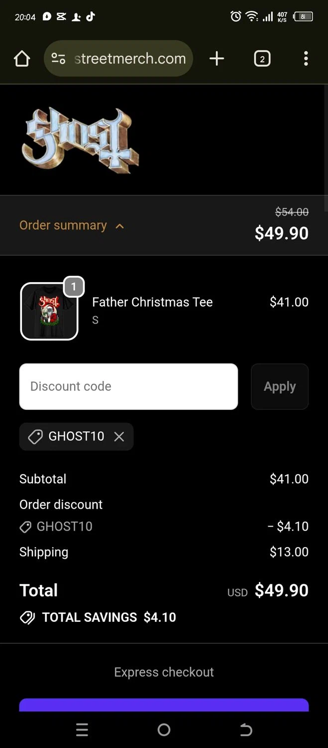 Backstreetmerch promo code screenshot showing code GHOST10 applied at Backstreetmerch checkout page. Uploaded by SimplyCodes community member Sheele_Icon on Nov 19, 2025
