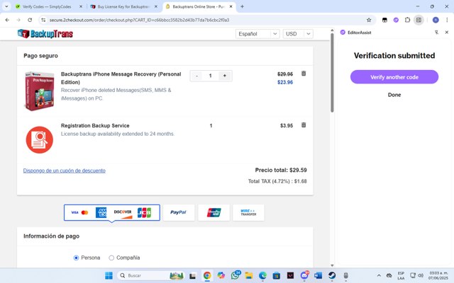 BackupTrans checkout page showing BackupTrans promo code box | Screenshot taken by SimplyCodes community member on Jun 7, 2025