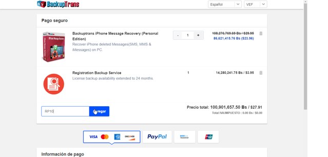 BackupTrans checkout page showing BackupTrans promo code box | Screenshot taken by SimplyCodes community member on Mar 29, 2024