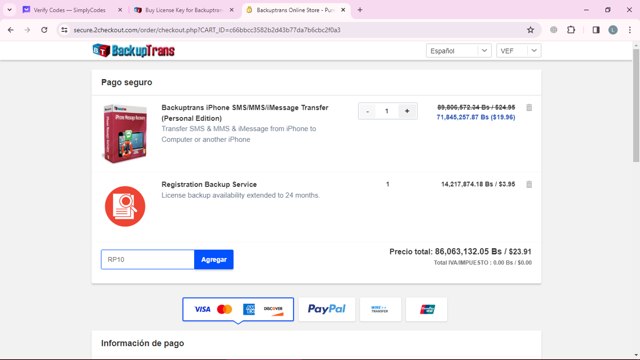 BackupTrans checkout page showing BackupTrans promo code box | Screenshot taken by SimplyCodes community member on Feb 29, 2024