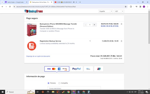 BackupTrans checkout page showing BackupTrans promo code box | Screenshot taken by SimplyCodes community member on Jan 31, 2024